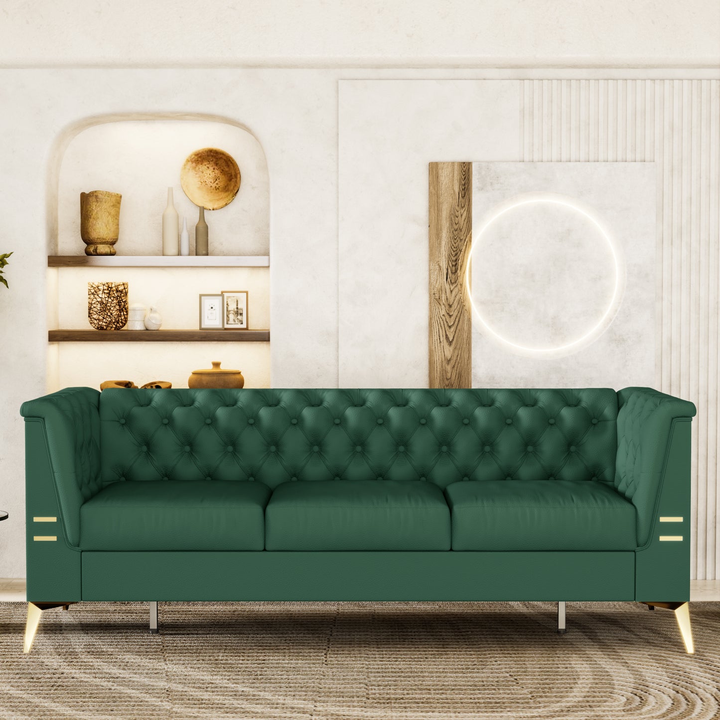 FX-P83PU-GR(sofa)3seat Classic Chesterfield PU Sofa with Metal Sofa Legs: Blending Style and Tradition