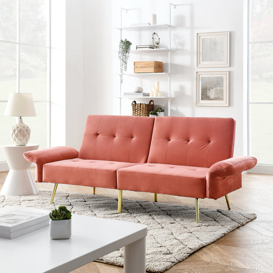 Pink Italian Velvet Convertible Sleeper Sofa Bed with Folded Armrests and Storage Bags