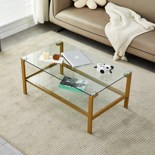 Golden Leg Clear Glass Coffee Table with Two Layers Storage Space