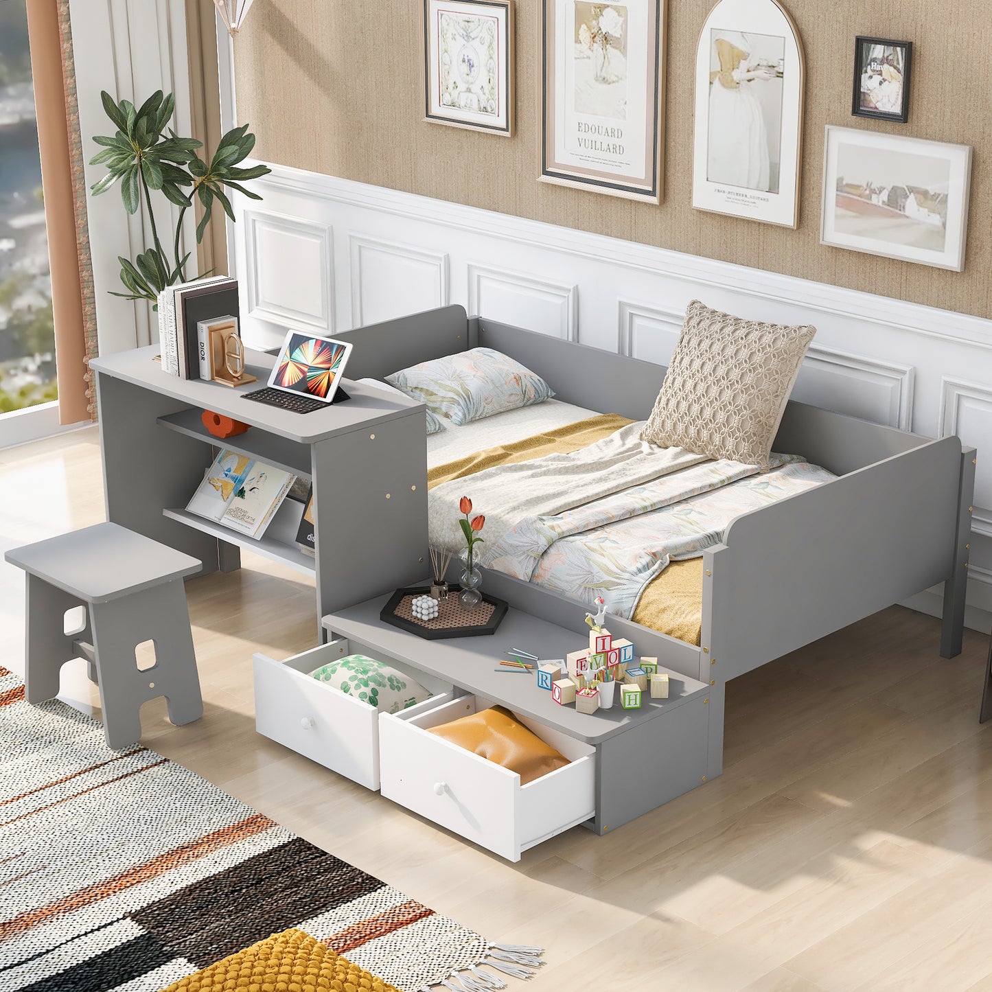 Wood Twin Size Platform Bed with 2 Drawers and 1 Chair&Desk Set, Gray+White