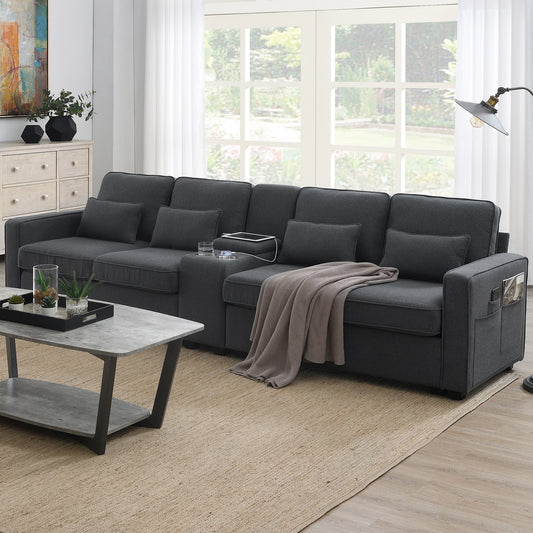 114.2 Modern Upholstered Sofa with Console, USB Ports, and 4 Pillows