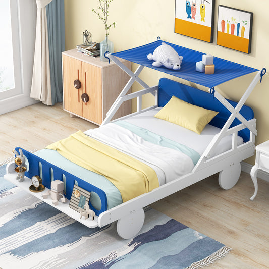 Wood Twin Size Car Bed with Ceiling Cloth, Headboard and Footboard, White+Blue