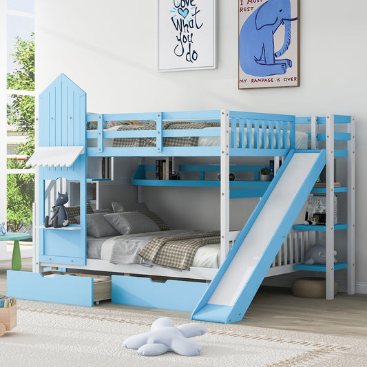 Blue Castle-Themed Full Bunk Bed with Slide, Storage, and Whimsical Charm