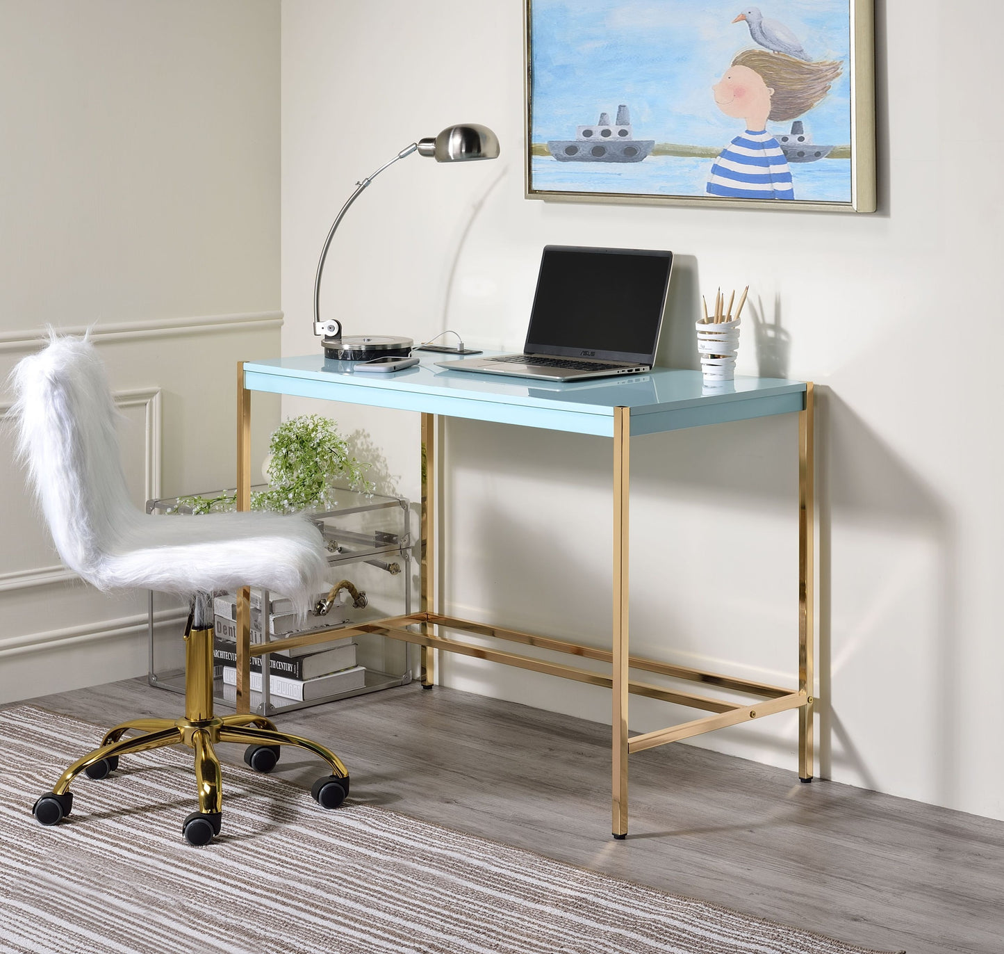 Midriaks Writing Desk: Chic Baby Blue and Gold Desk with USB Port