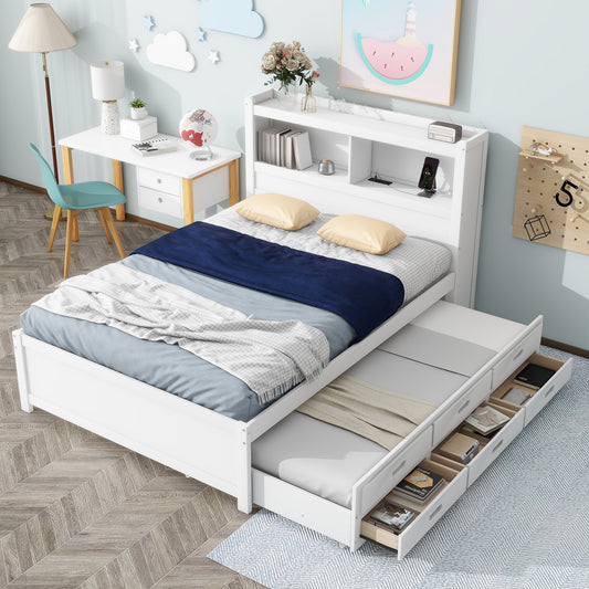 Full Size platform bed with trundle, drawers and USB plugs, White