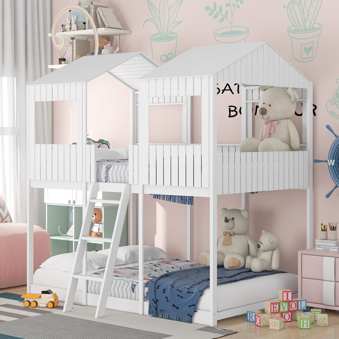 White Full Over Full Wood Bunk Bed with Playful Playhouse Design