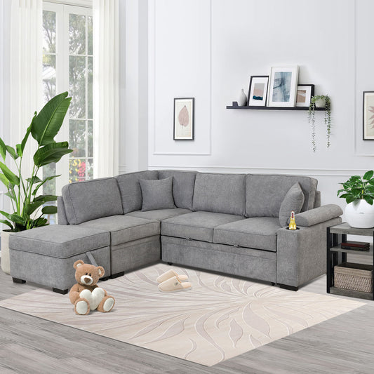 87.4 Gray L-Shaped Sleeper Sofa Bed with Ottoman Storage