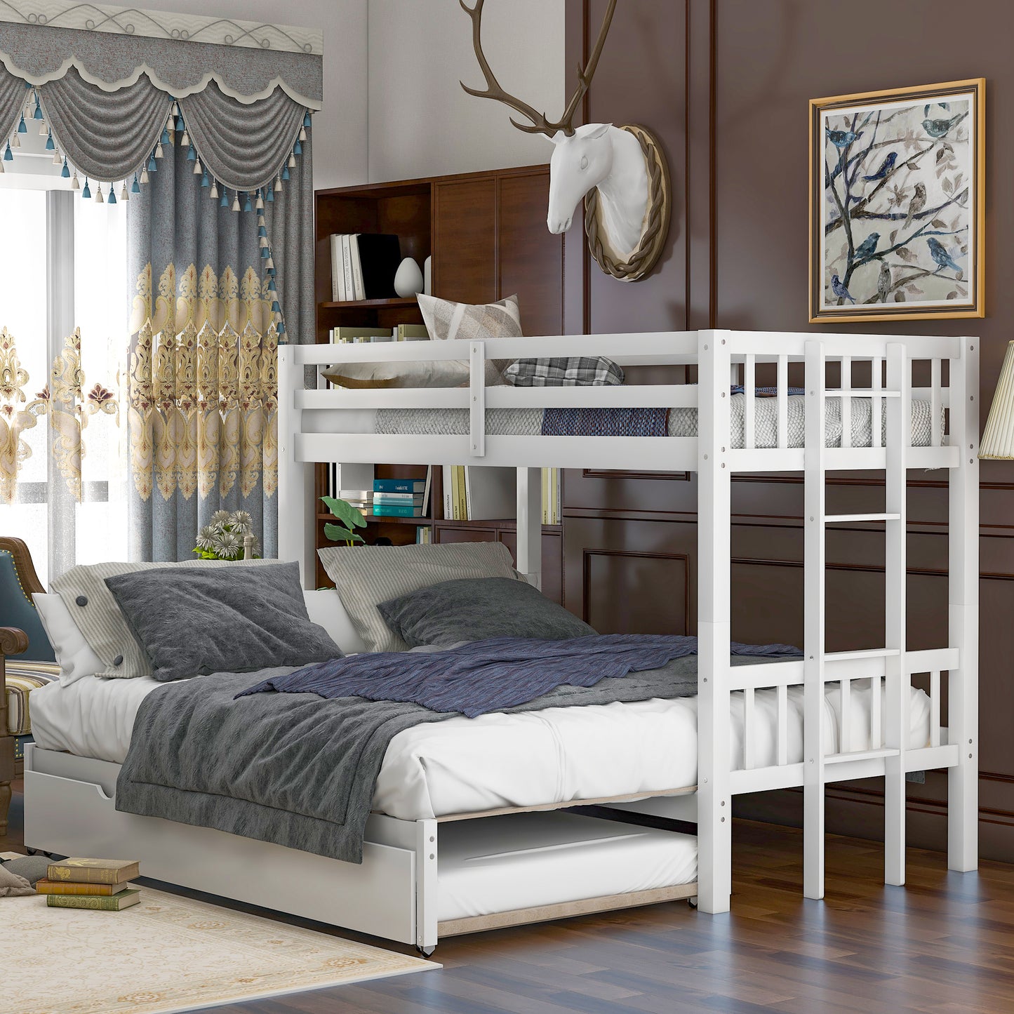 White Pull-out Bunk Bed with Trundle for Twin Over - Versatile Space-Saving Sleeping Solution