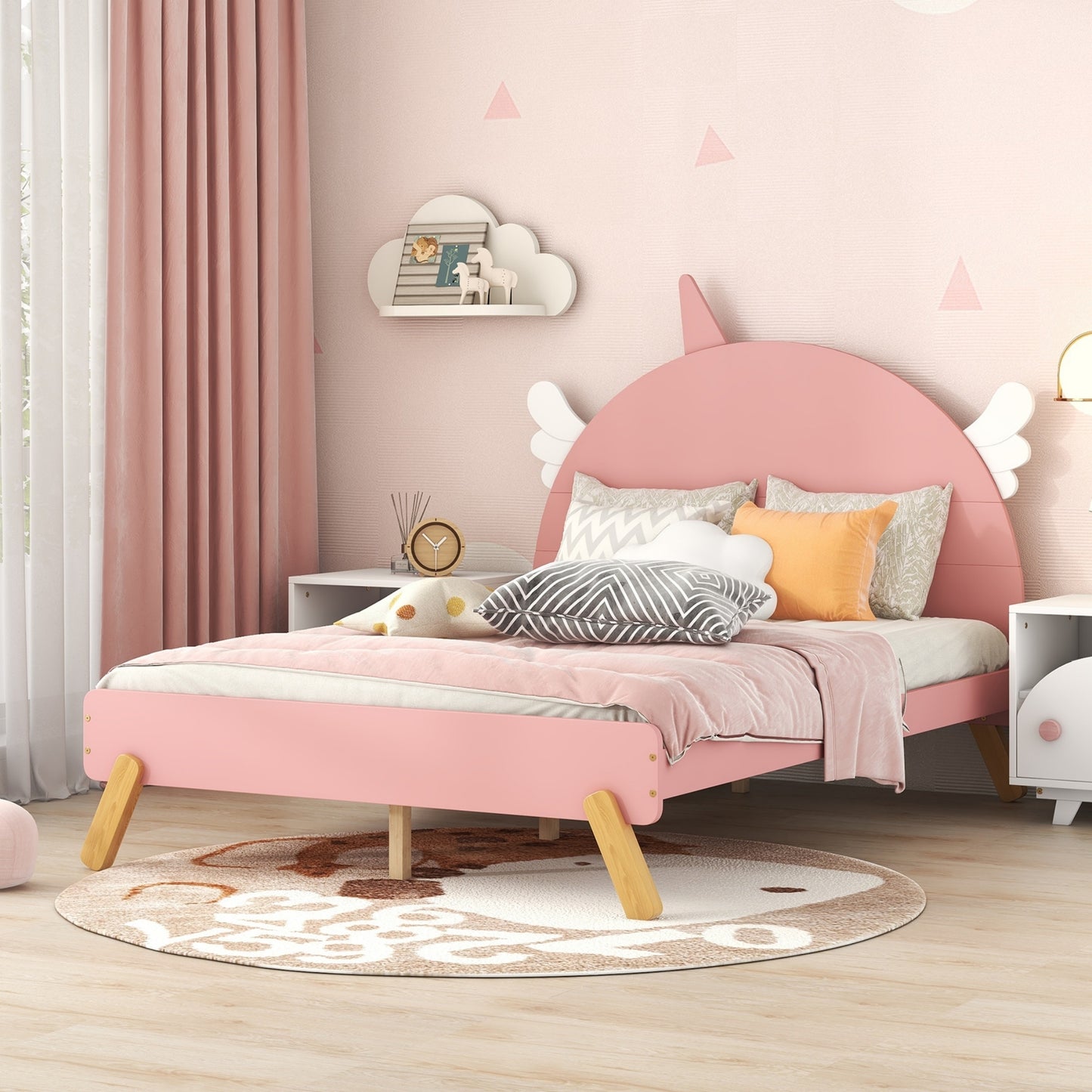 Wooden Cute Bed With Unicorn Shape Headboard,Full Size Platform Bed,Pink