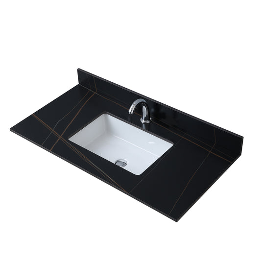 Montary 43inch bathroom stone vanity top black gold color with undermount ceramic sink and  single  faucet hole with backsplash