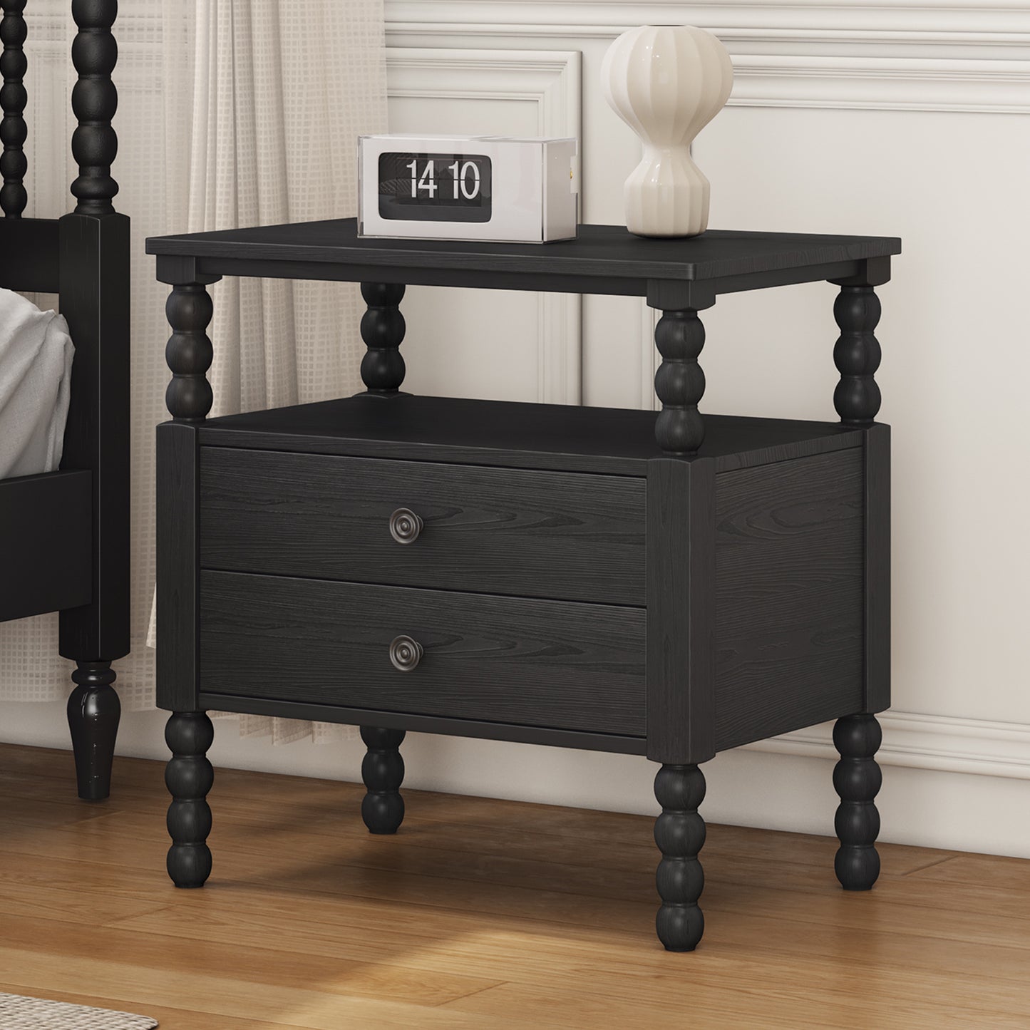 Gourd Shaped Leg 2 Drawer Nightstand, Antique Black