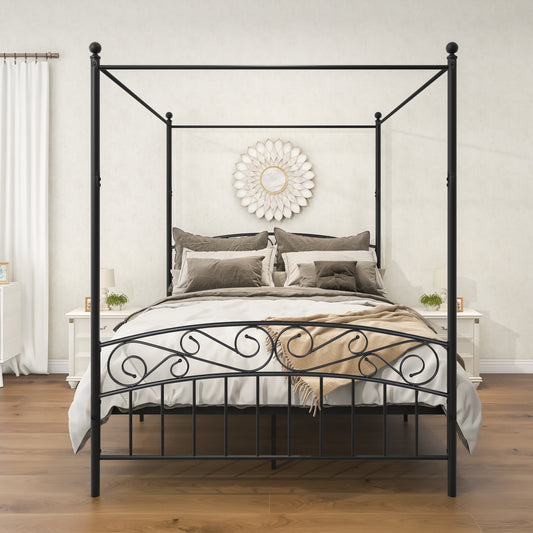 Queen Size Metal Canopy Bed Frame with Headboard and Footboard Black