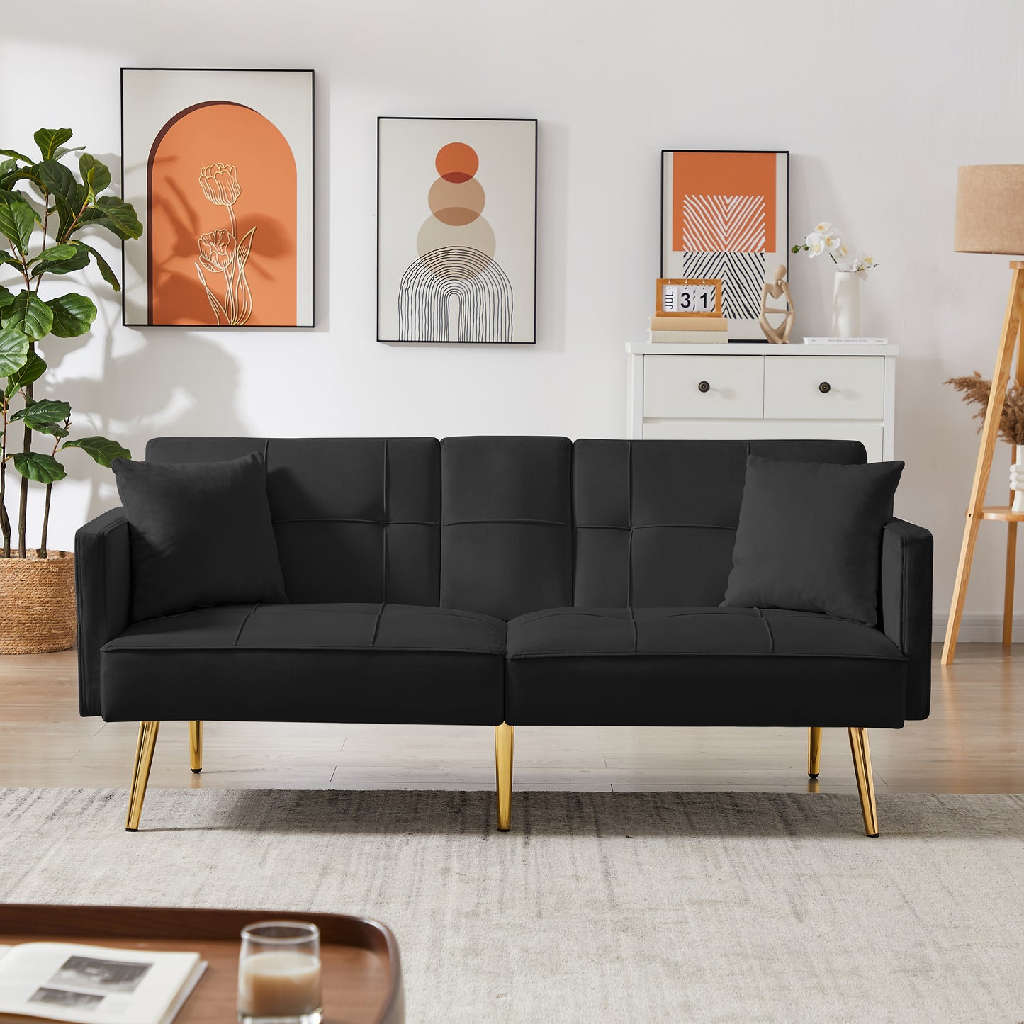 Black Velvet Futon Sofa Bed with Gold Metal Legs