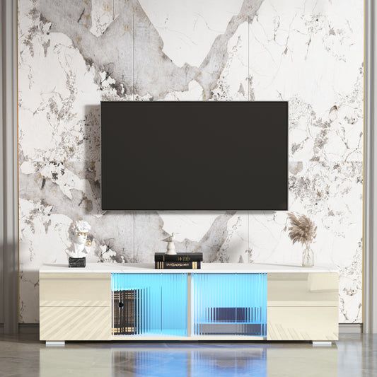 Beige LED TV Stand with UV Drawer Panels, Sliding Doors, and LED Lights