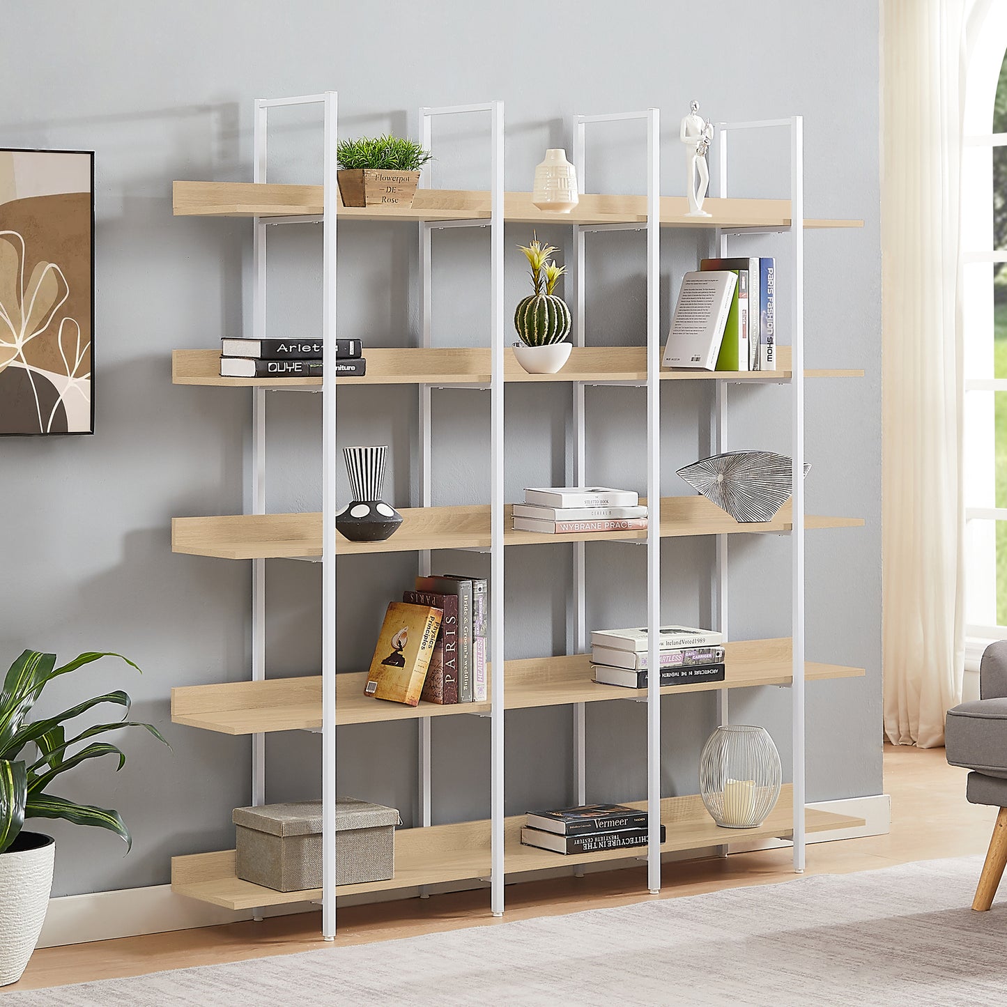 5 Tier Bookcase Home Office Open Bookshelf, Vintage Industrial Style Shelf, MDF Board, White Metal Frame, Oak