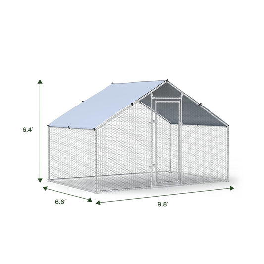 Metal Large Chicken Coop Walk-in Poultry Cage Large Chicken Run Spire Shaped Cage with Waterproof Anti-UltravioletCover, 1.26" Diameter Tube (9.8' L x 6.6' W x 6.4' H)