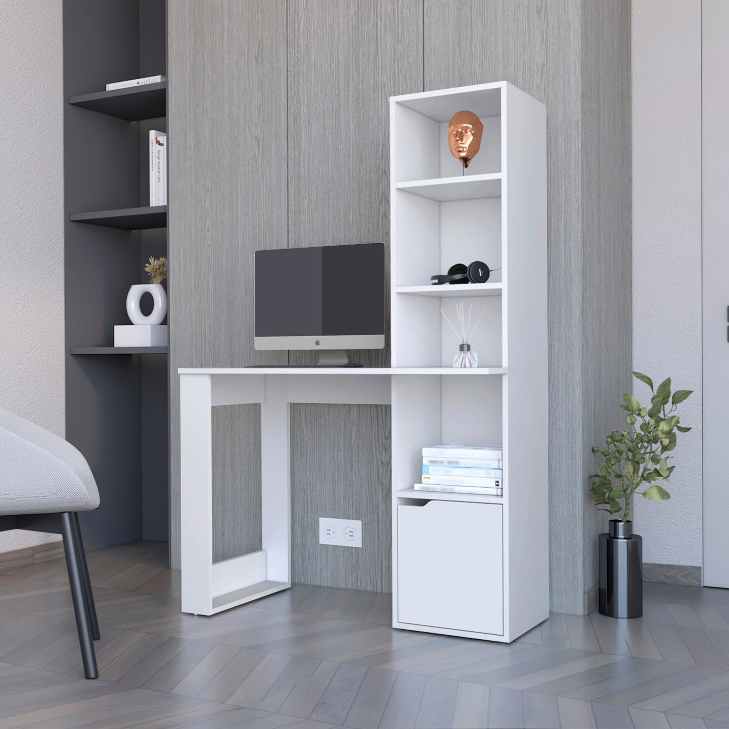 Aragon Office Desk with White Finish, Built-In Bookcase, and Lower Cabinet