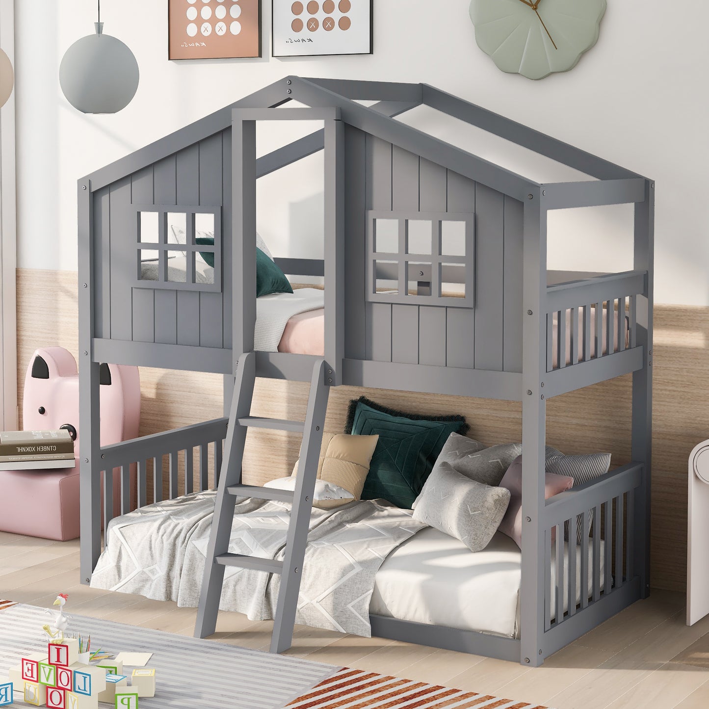 Twin House Bunk Bed with Gray Wood Finish and Ladder