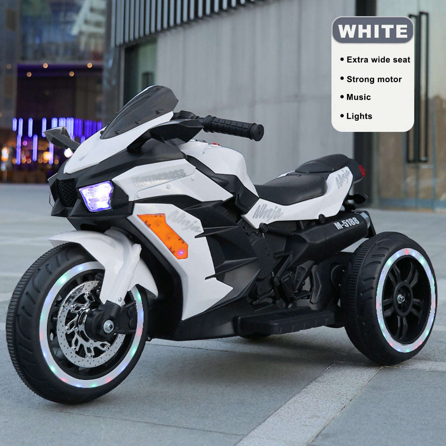 Rechargeable 12V White 3-Wheel Electric Motorcycle for Kids