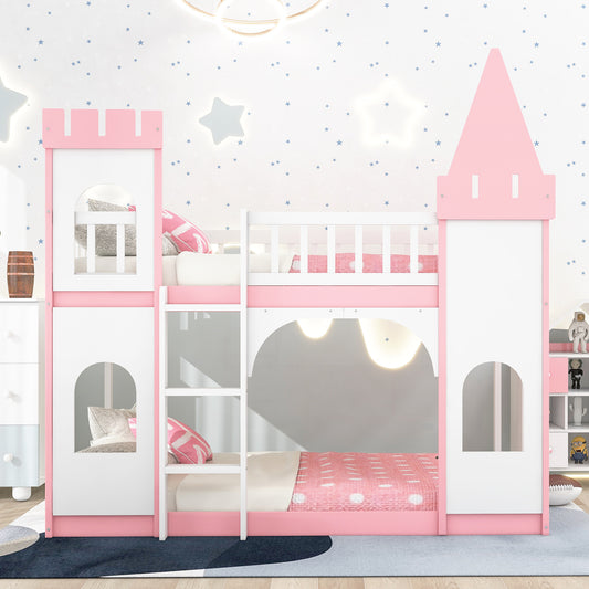 Twin Pink Castle Bunk Bed with Ladder & Play Space