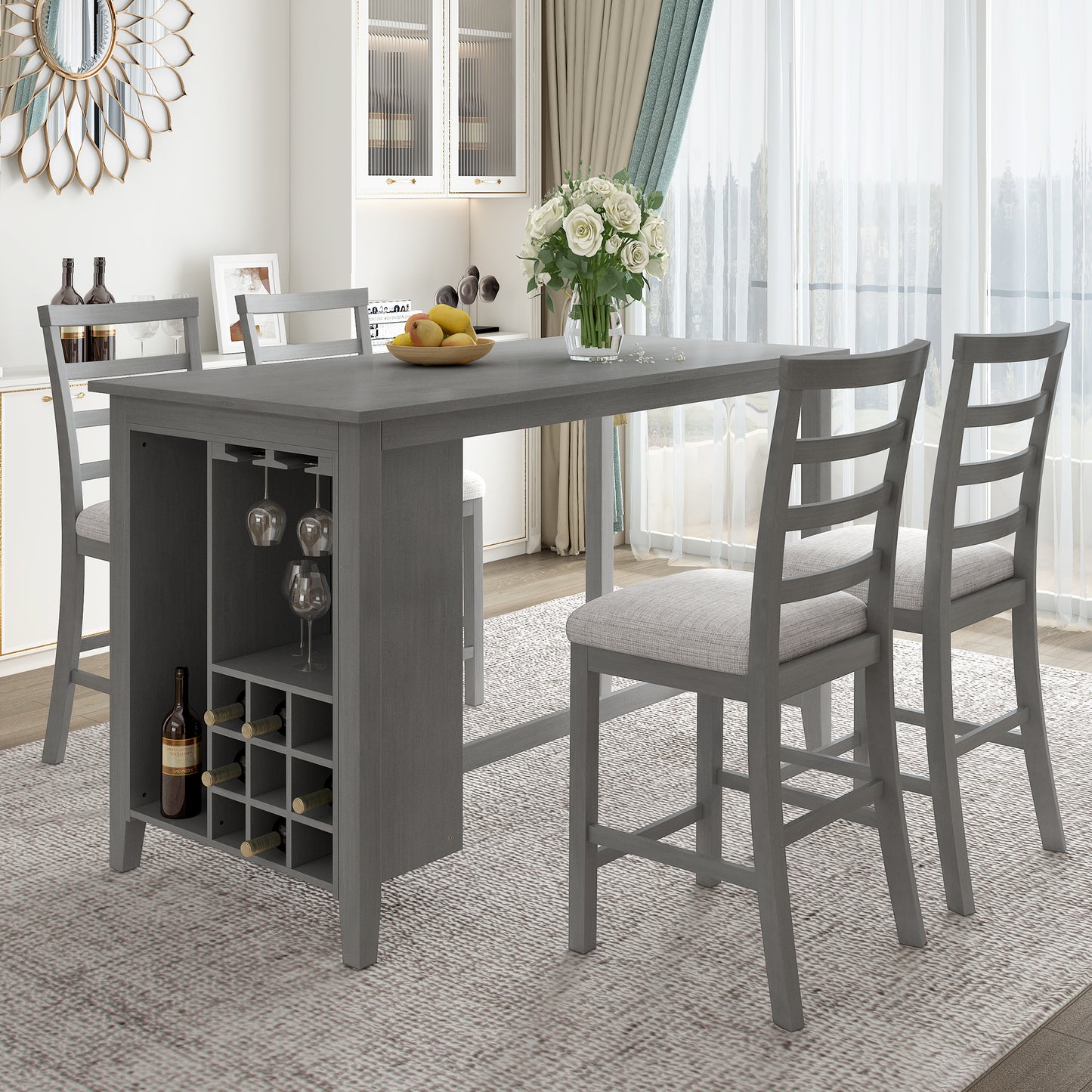 TREXM 5-Piece Multi-Functional Rubber Wood Counter Height Dining Set with Padded Chairs and Integrated 9 Bar Wine Compartment, Wineglass Holders for Dining Room (Gray)