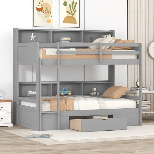 Twin Size Gray Bunk Bed with Storage Drawer and Built-in Shelves