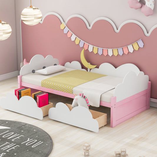 Twin Size Bed with Moon Decor, Platform Bed with 2 Drawers (White+Pink)