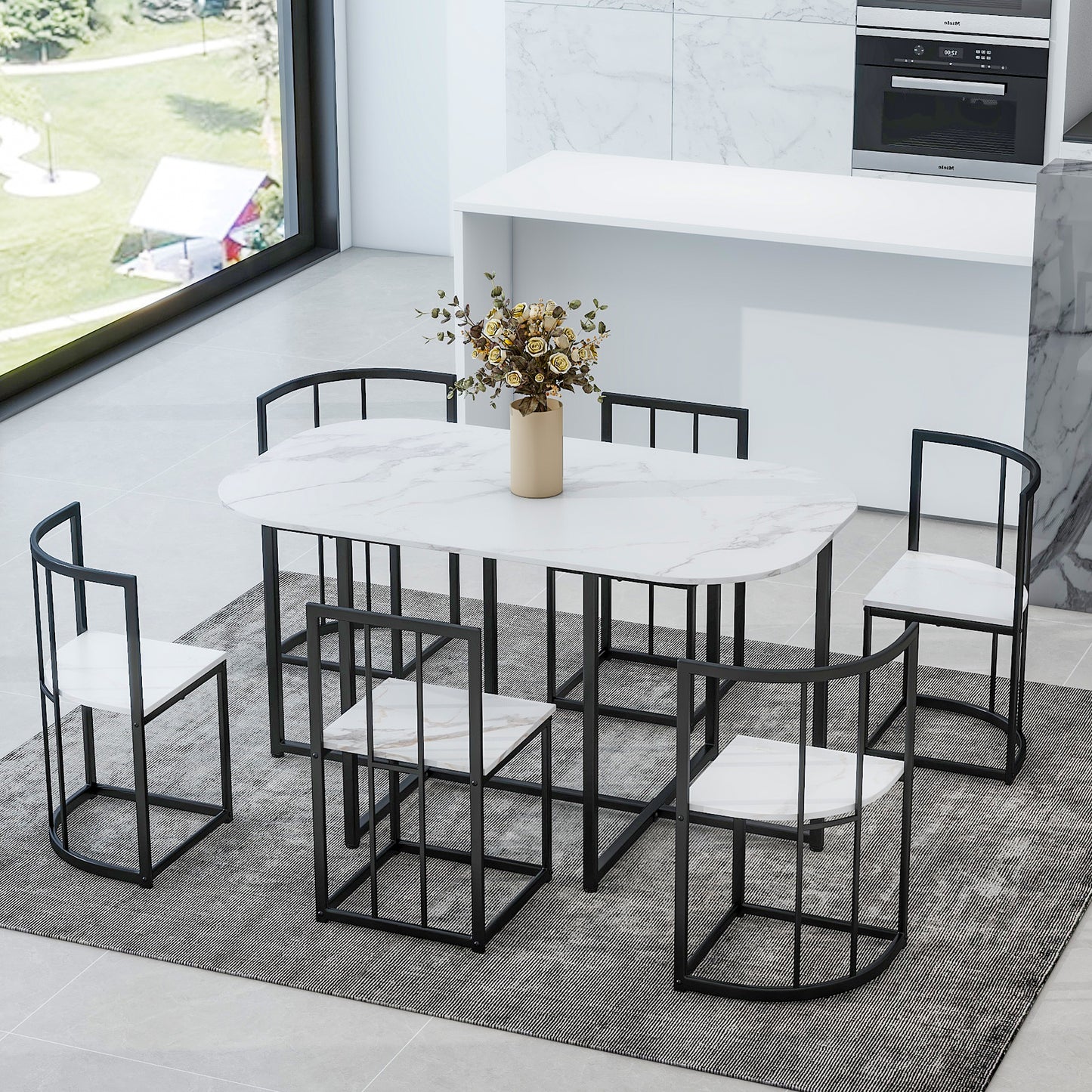 Modern 7-Piece Dining Table Set with Faux Marble Compact 55Inch Kitchen Table Set for 6, Black+White