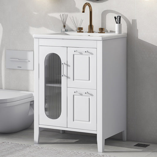 24-Inch White Bathroom Vanity Cabinet with Sink, Two Drawers, and Adjustable Shelf