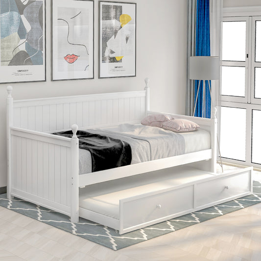 Twin Size Wood Daybed with Twin Size Trundle (White)