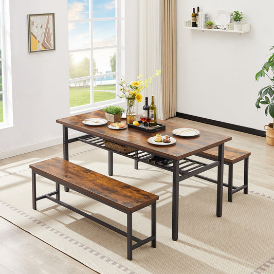 Oversized dining table set for 6, 3-Piece Kitchen Table with 2 Benches, Dining Room Table Set for Home Kitchen, Restaurant, Rustic Brown,67'' L x 31.5'' W x 31.7'' H.