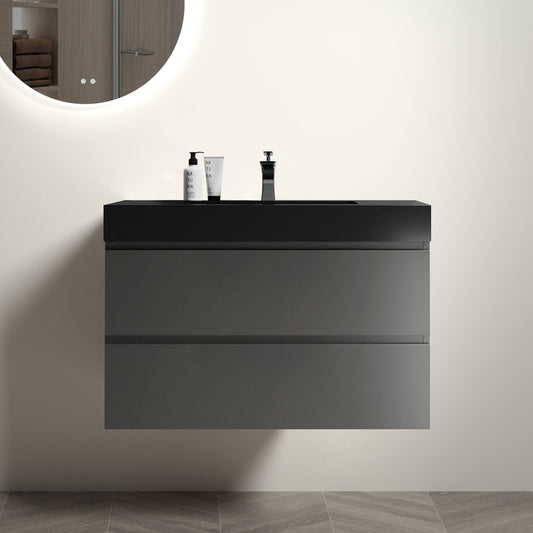 Alice 36" Gray Bathroom Vanity with Sink, Large Storage Wall Mounted Floating Bathroom Vanity for Modern Bathroom, One-Piece Black Sink Basin without Drain and Faucet