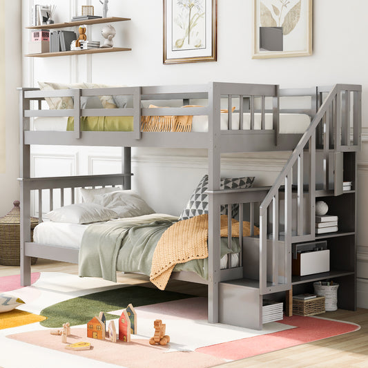 Gray Twin Bunk Bed with Staircase Storage and Guard Rail