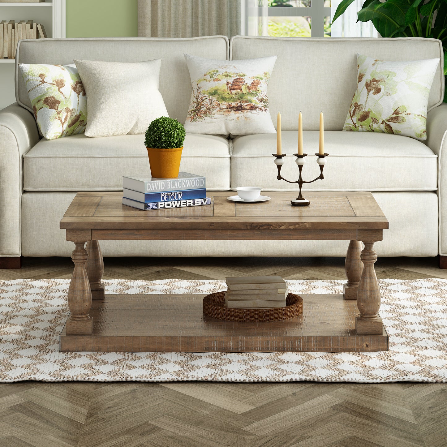 Rustic Pine Wood Coffee Table with Lower Storage Shelf and Carved Pillar Details