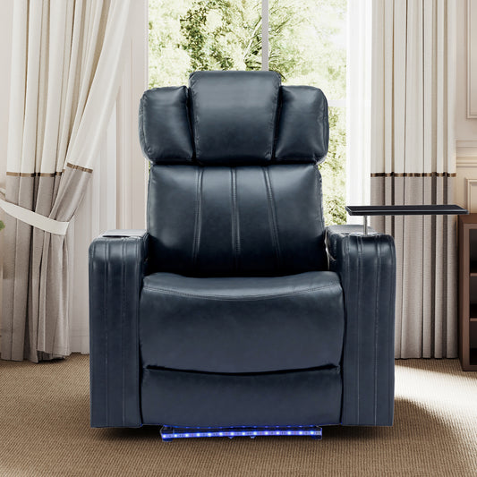 Blue Leather Power Recliner with Cooling Cup Holder, Bluetooth Speaker, and 360° Swivel Tray Table