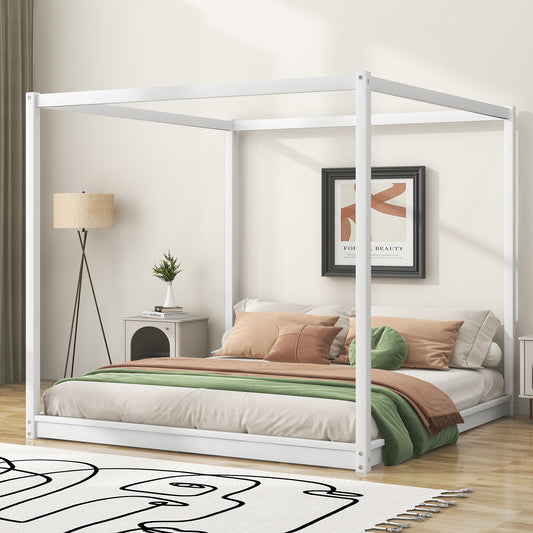 King Size Canopy Platform Bed with Support Legs,White