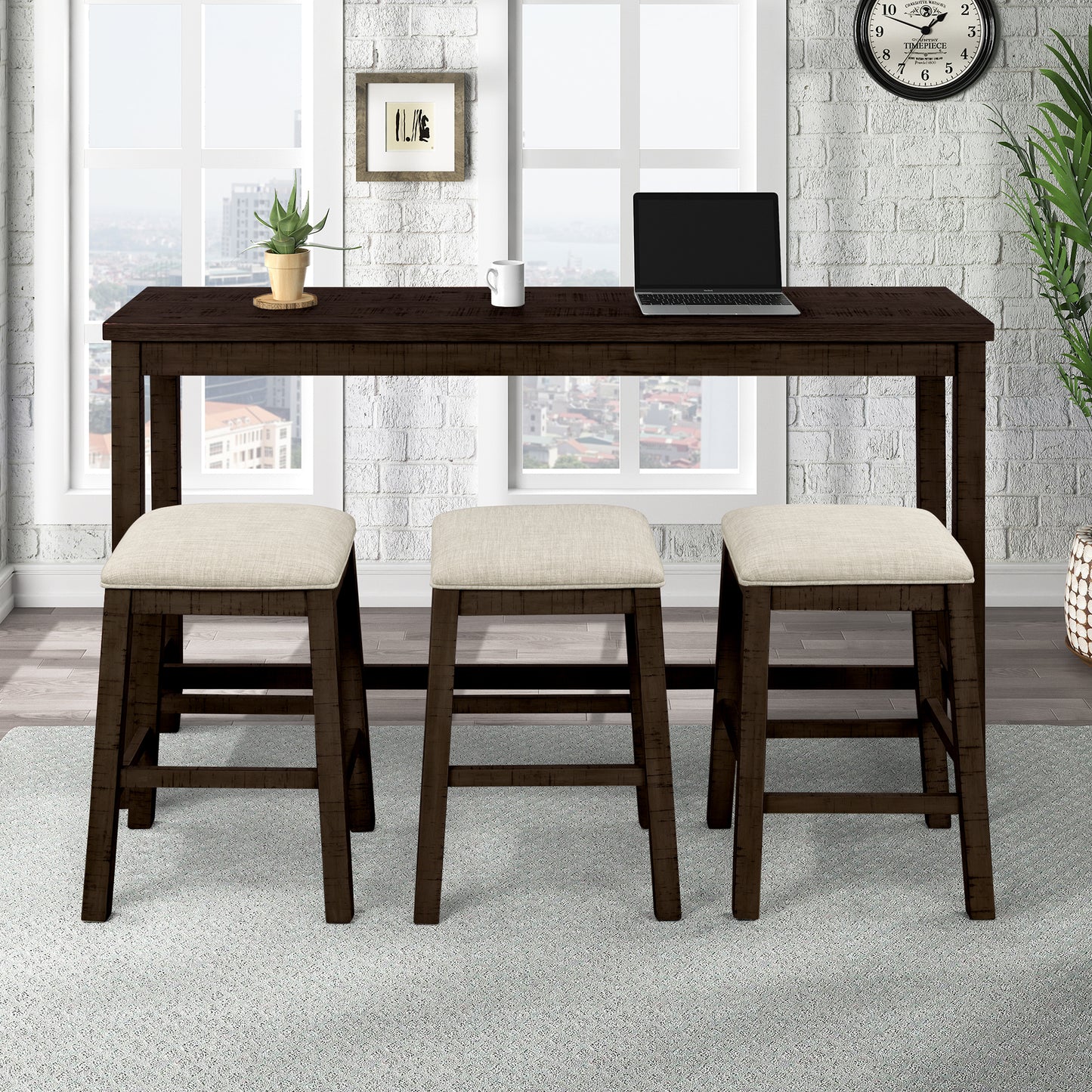 4 Pieces Counter Height Table with Fabric Padded Stools, Rustic Bar Dining Set with Socket, Brown