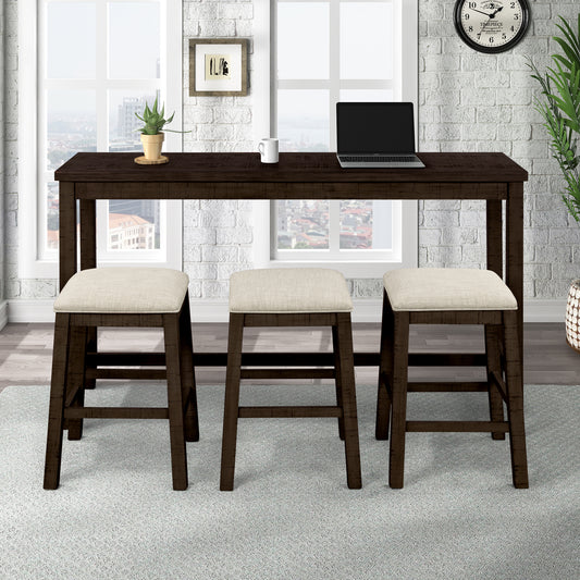 4 Pieces Counter Height Table with Fabric Padded Stools, Rustic Bar Dining Set with Socket, Brown