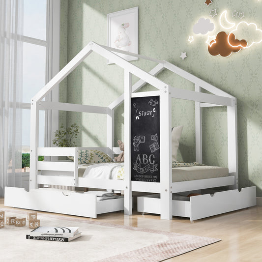 Twin House Bed with Blackboard and Drawers, Two assembly options, White