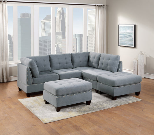 Elegant Gray Linen Modular Sectional Set with Tufted Nail heads and Plush Comfort