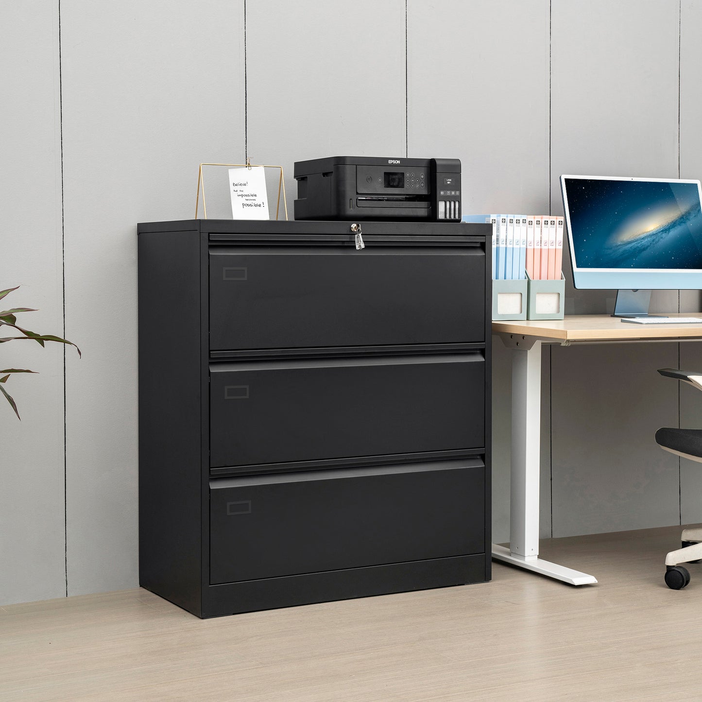 3 Drawer Black Steel Lateral File Cabinet with Large Storage Space and Anti-Tilt Design
