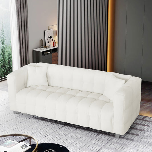 Beige White and teddy plush sofa 80 inch discharge in living room bedroom with two throw pillows hardware foot support