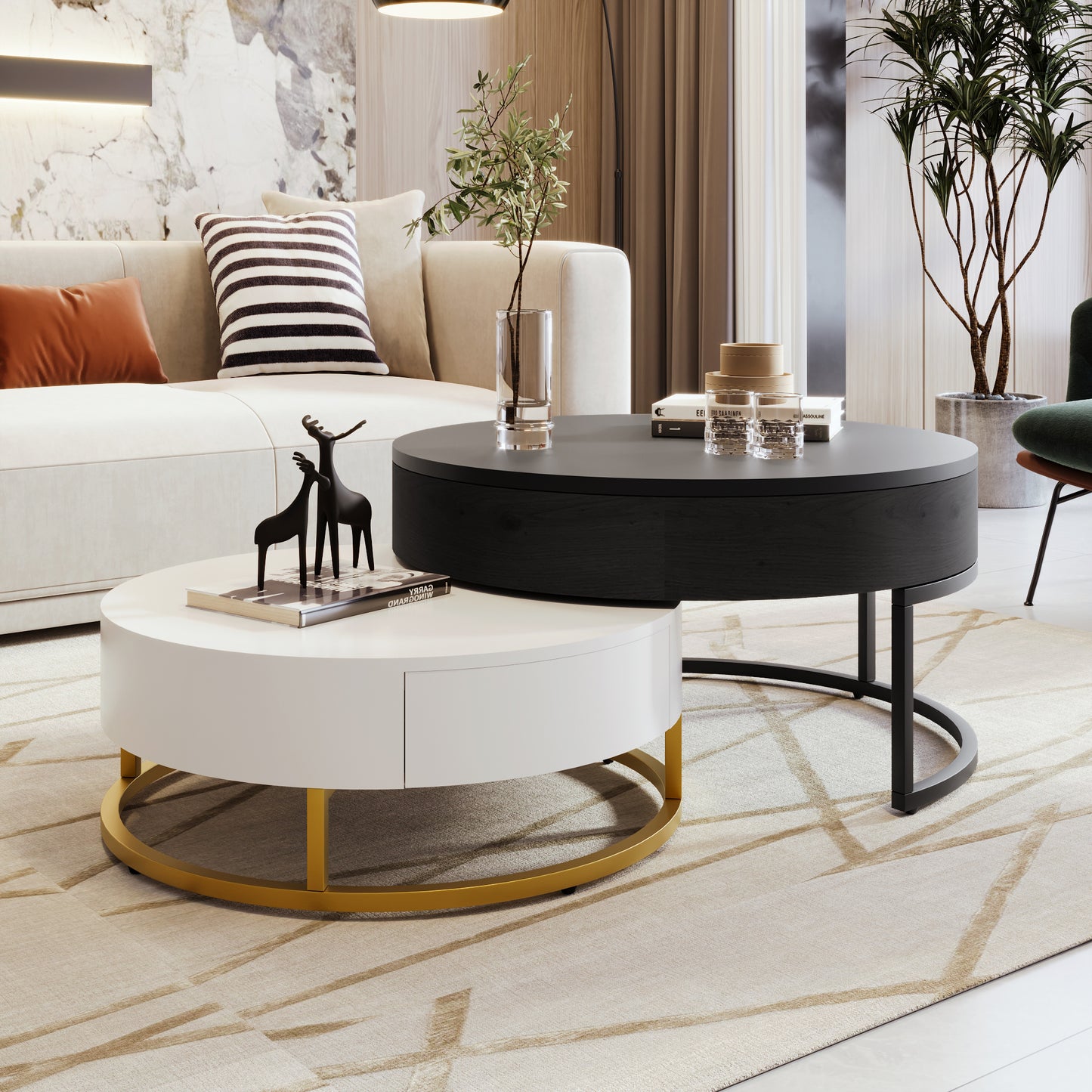 Contemporary 2-Drawer Lift-Top Round Coffee Tables in White & Black