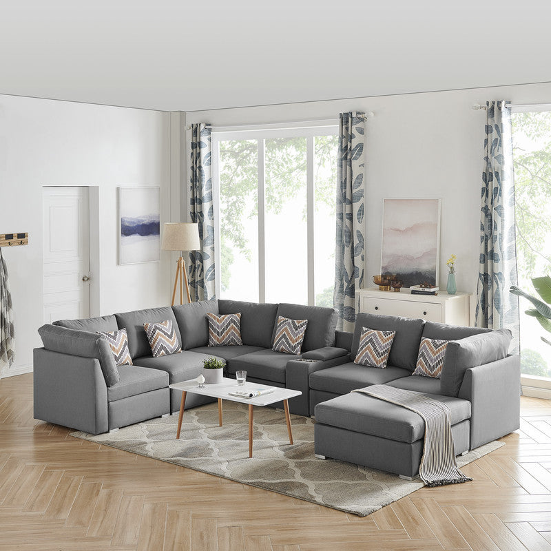 Amira Gray Fabric Modular Sectional Sofa with USB Console and Ottoman Shimano