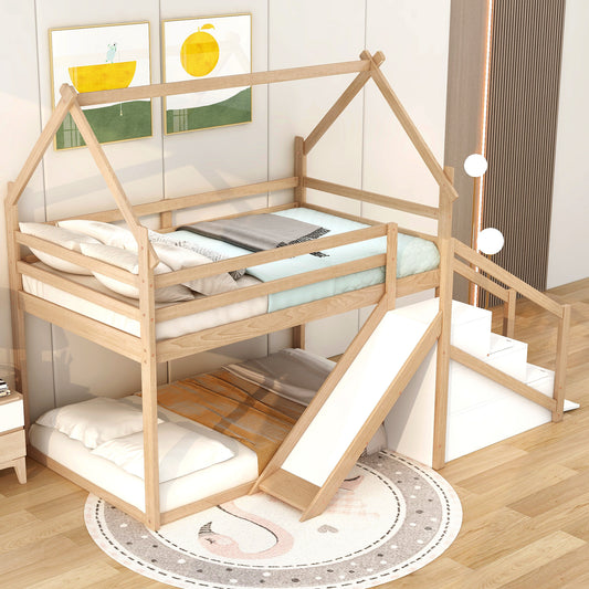 Twin House Loft Bunk Bed with Slide, Staircase, and Storage for Kids, Natural