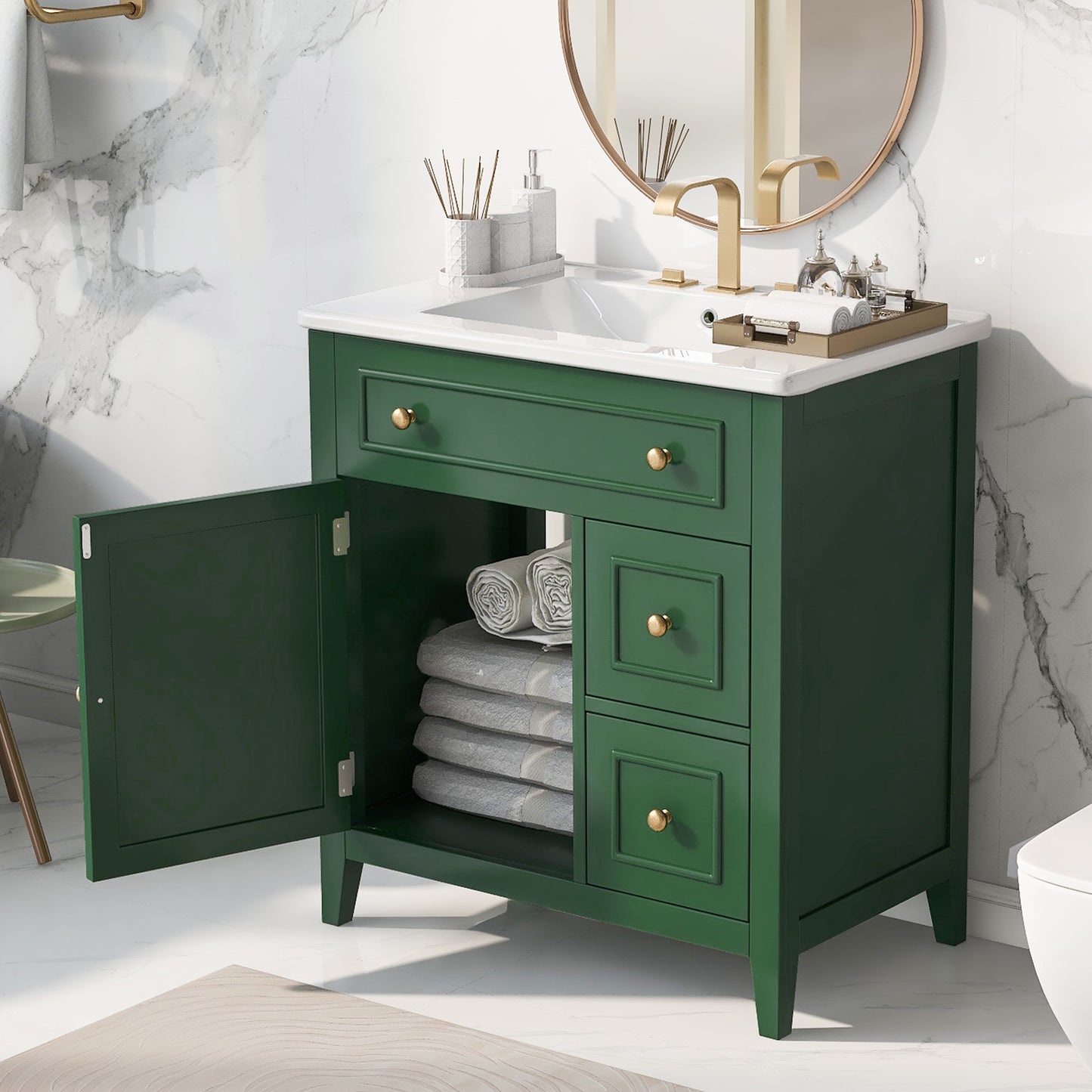 30" Bathroom Vanity with Sink Top, Bathroom Vanity Cabinet with Door and Two Drawers, Solid Wood Frame, One Package, Green