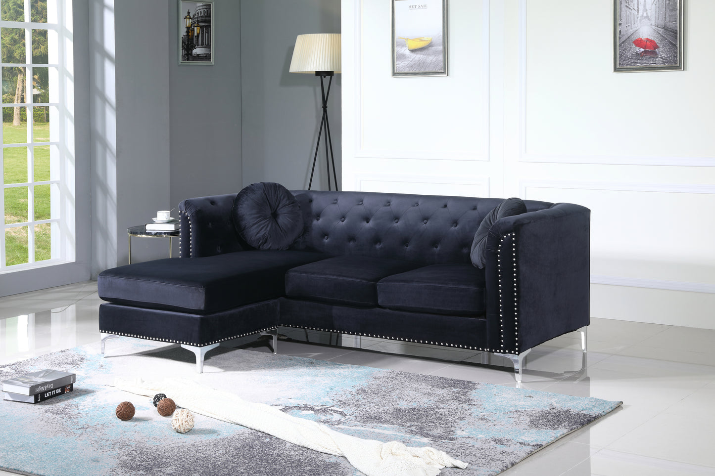 Elegant Black Velvet Sofa Chaise with Chrome Accents