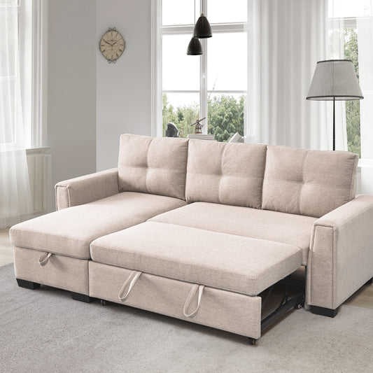 Modular Beige Fabric Sectional Sofa Bed with Storage Chaise & Convertible Sleeper