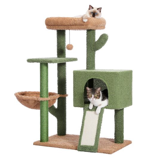 Cat Tree 41 Inches Cactus Cat Tower with Sisal Covered Scratching Post and Cozy Condo for Indoor Cats, Cat Climbing Stand with Plush Perch &Soft Hammock for Multi-Level Cat Play House