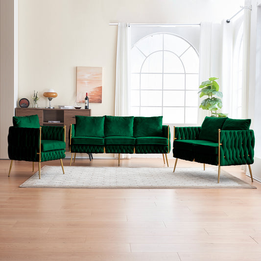 Modern 3-Piece Velvet Upholstered Handmade Woven Back Sofa Sets with Sturdy Metal Legs, Including Three Seat Couch Loveseat, and Single Chair for Living Room, Green Velvet